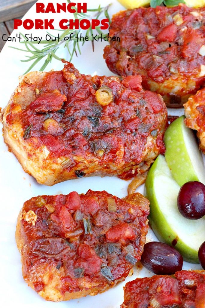 Ranch Pork Chops | These fantastic #PorkChops are made with #ChiliSauce, #RanchDressingMix, #tomatoes with green #chilies, green onions & garlic. They are absolutely mouthwatering & a terrific #pork entree for family or company dinners. #RanchPorkChops