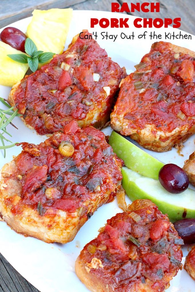 Ranch Pork Chops | These fantastic #PorkChops are made with #ChiliSauce, #RanchDressingMix, #tomatoes with green #chilies, green onions & garlic. They are absolutely mouthwatering & a terrific #pork entree for family or company dinners. #RanchPorkChops