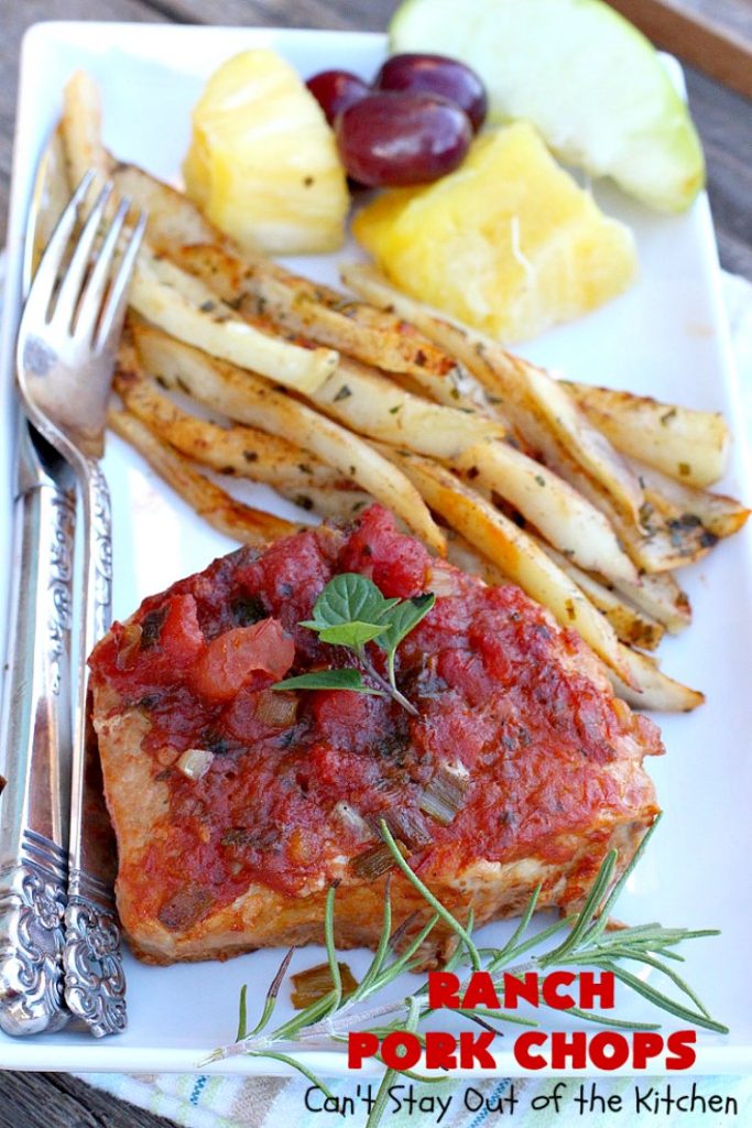 Ranch Pork Chops | These fantastic #PorkChops are made with #ChiliSauce, #RanchDressingMix, #tomatoes with green #chilies, green onions & garlic. They are absolutely mouthwatering & a terrific #pork entree for family or company dinners. #RanchPorkChops