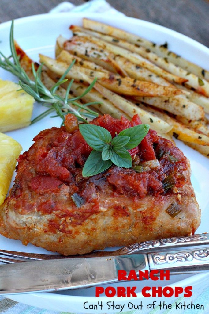 Ranch Pork Chops | These fantastic #PorkChops are made with #ChiliSauce, #RanchDressingMix, #tomatoes with green #chilies, green onions & garlic. They are absolutely mouthwatering & a terrific #pork entree for family or company dinners. #RanchPorkChops