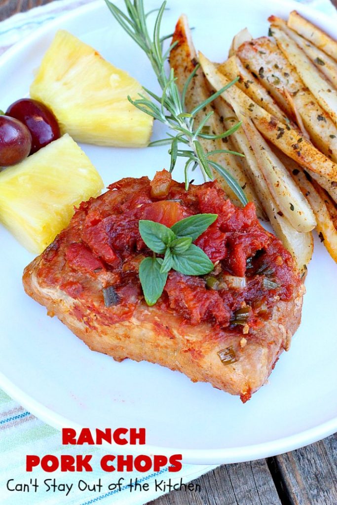 Ranch Pork Chops | These fantastic #PorkChops are made with #ChiliSauce, #RanchDressingMix, #tomatoes with green #chilies, green onions & garlic. They are absolutely mouthwatering & a terrific #pork entree for family or company dinners. #RanchPorkChops