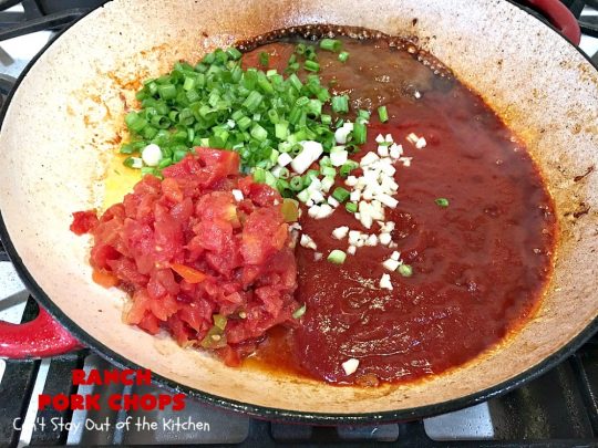 Ranch Pork Chops | These fantastic #PorkChops are made with #ChiliSauce, #RanchDressingMix, #tomatoes with green #chilies, green onions & garlic. They are absolutely mouthwatering & a terrific #pork entree for family or company dinners. #RanchPorkChops
