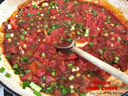 Ranch Pork Chops | These fantastic #PorkChops are made with #ChiliSauce, #RanchDressingMix, #tomatoes with green #chilies, green onions & garlic. They are absolutely mouthwatering & a terrific #pork entree for family or company dinners. #RanchPorkChops