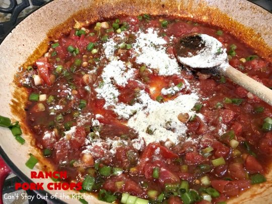 Ranch Pork Chops | These fantastic #PorkChops are made with #ChiliSauce, #RanchDressingMix, #tomatoes with green #chilies, green onions & garlic. They are absolutely mouthwatering & a terrific #pork entree for family or company dinners. #RanchPorkChops