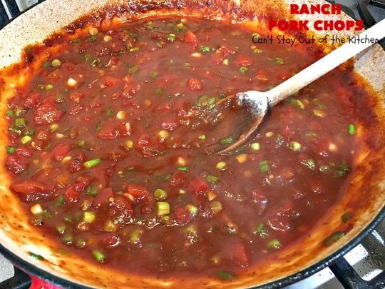 Ranch Pork Chops | These fantastic #PorkChops are made with #ChiliSauce, #RanchDressingMix, #tomatoes with green #chilies, green onions & garlic. They are absolutely mouthwatering & a terrific #pork entree for family or company dinners. #RanchPorkChops