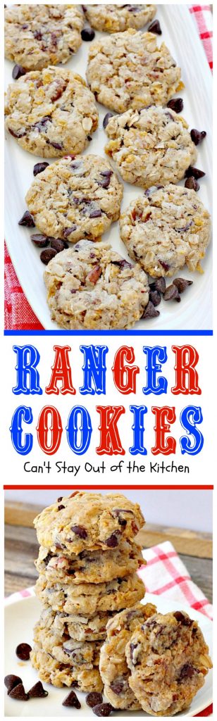 Ranger Cookies | Can't Stay Out of the Kitchen | these amazing #oatmeal #cookies contain #chocolatechips, #pecans, #coconut and #Kellogg'sCornFlakes! Excellent #dessert for any occasion.
