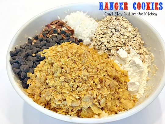 Ranger Cookies | Can't Stay Out of the Kitchen | these amazing #oatmeal #cookies contain #chocolatechips, #pecans, #coconut and #Kellogg'sCornFlakes! Excellent #dessert for any occasion.