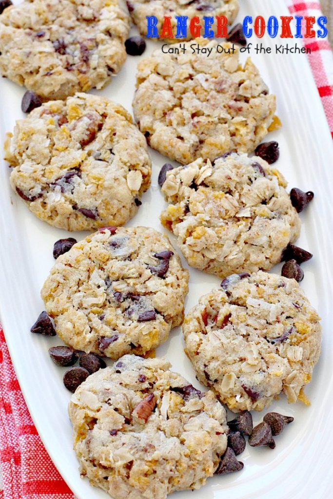 Ranger Cookies | Can't Stay Out of the Kitchen | these amazing #oatmeal #cookies contain #chocolatechips, #pecans, #coconut and #Kellogg'sCornFlakes! Excellent #dessert for any occasion.