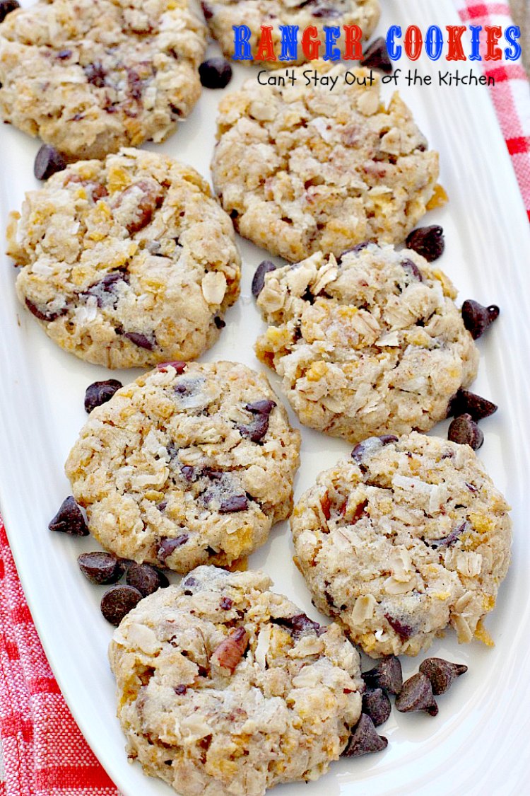 Ranger Cookies | Can't Stay Out of the Kitchen | these amazing #oatmeal #cookies contain #chocolatechips, #pecans, #coconut and #Kellogg'sCornFlakes! Excellent #dessert for any occasion.