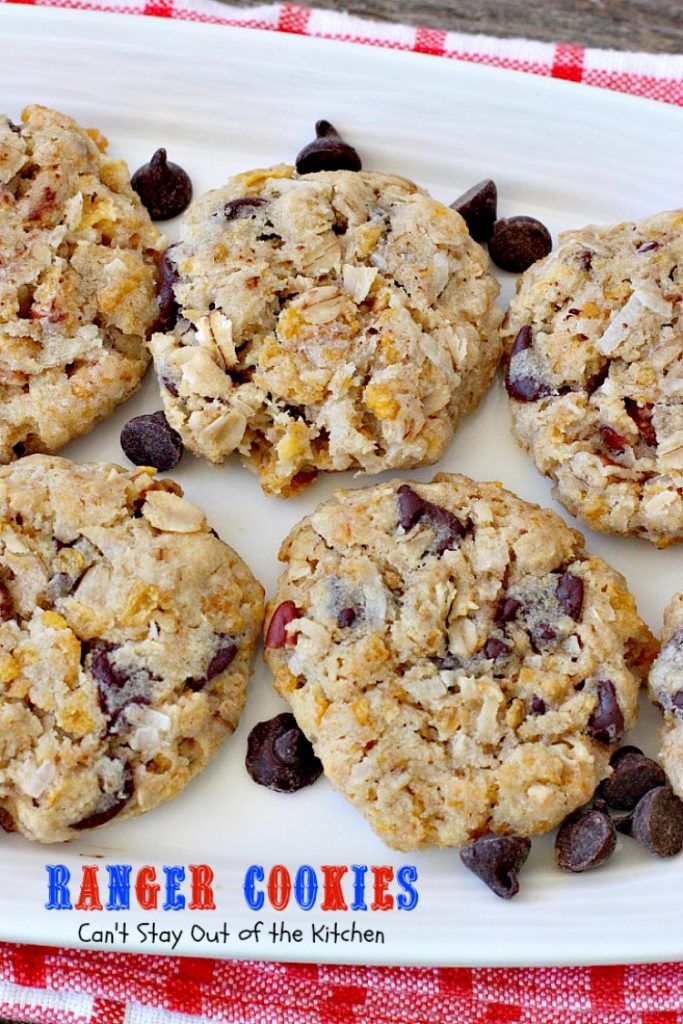 Ranger Cookies | Can't Stay Out of the Kitchen | these amazing #oatmeal #cookies contain #chocolatechips, #pecans, #coconut and #Kellogg'sCornFlakes! Excellent #dessert for any occasion.