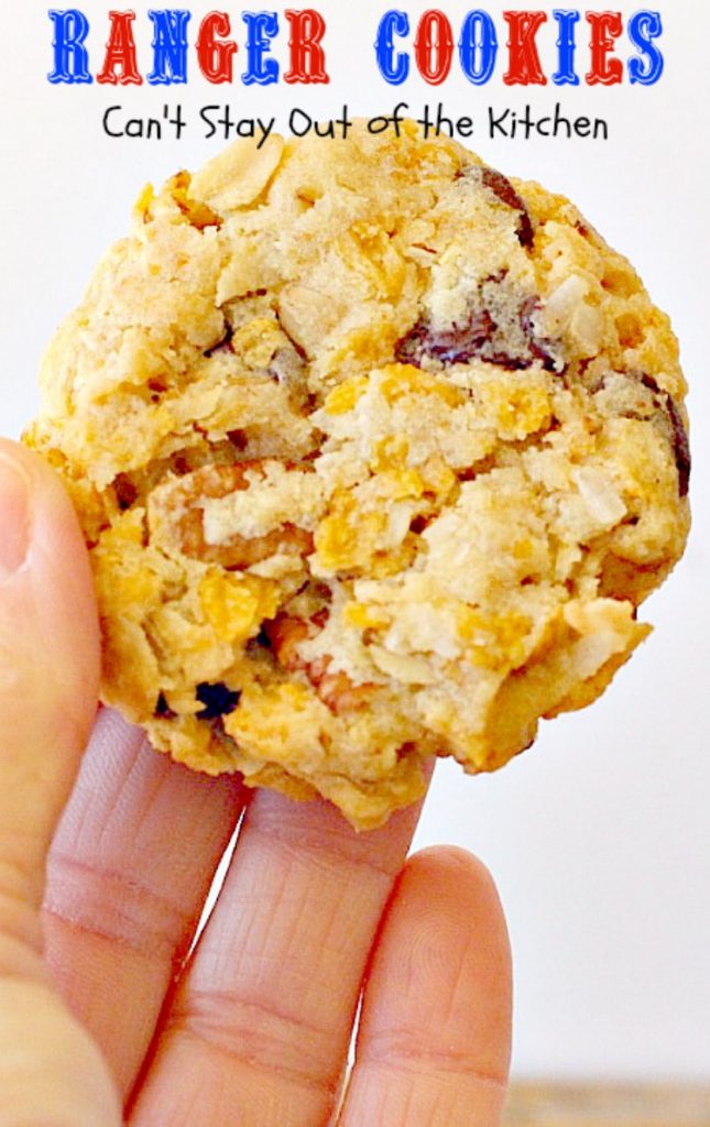 Ranger Cookies | Can't Stay Out of the Kitchen | these amazing #oatmeal #cookies contain #chocolatechips, #pecans, #coconut and #Kellogg'sCornFlakes! Excellent #dessert for any occasion.