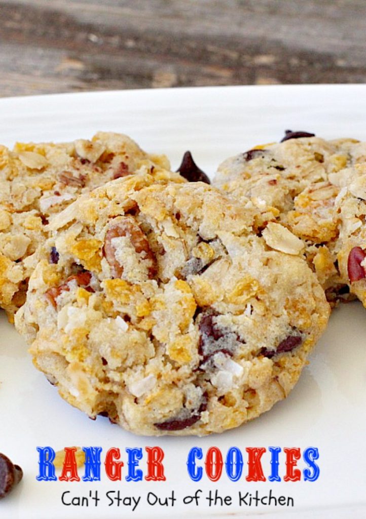 Ranger Cookies | Can't Stay Out of the Kitchen | these amazing #oatmeal #cookies contain #chocolatechips, #pecans, #coconut and #Kellogg'sCornFlakes! Excellent #dessert for any occasion.