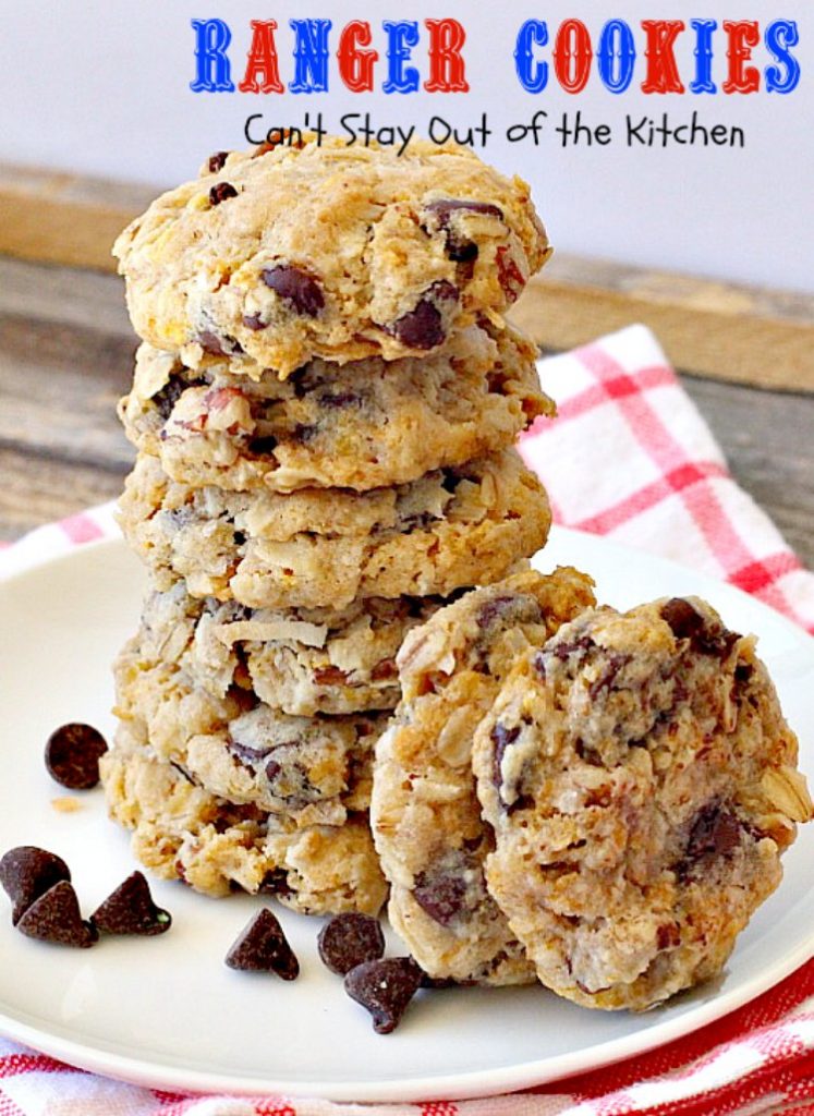 Ranger Cookies | Can't Stay Out of the Kitchen | these amazing #oatmeal #cookies contain #chocolatechips, #pecans, #coconut and #Kellogg'sCornFlakes! Excellent #dessert for any occasion.