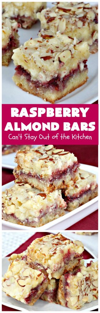 Raspberry Almond Bars | Can't Stay Out of the Kitchen | these irresistible #brownies are rich, decadent & absolutely sensational! They're perfect for #holiday & #Christmas #baking as they are so festive & beautiful. These layered #cookies use vanilla chips, #Raspberry preserves & #almonds. #holidaybaking #ChristmasCookieExchange #dessert #raspberrydessert