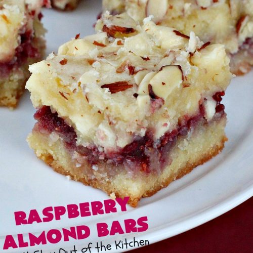 Raspberry Almond Bars | Can't Stay Out of the Kitchen | these irresistible #brownies are rich, decadent & absolutely sensational! They're perfect for #holiday & #Christmas #baking as they are so festive & beautiful. These layered #cookies use vanilla chips, #Raspberry preserves & #almonds. #holidaybaking #ChristmasCookieExchange #dessert #raspberrydessert