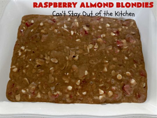Raspberry Almond Blondies | Can't Stay Out of the Kitchen | indulge yourself with these festive, beautiful & elegant #cookies for the #holidays this year. They're incredibly rich, decadent & swoon-worthy! They're chocked full of #raspberries, #almonds & #VanillaChips. Every bite will rock your world! #brownies #dessert #RaspberryDessert #HolidayDessert #Christmas #Thanksgiving #ChristmasCookieExchange