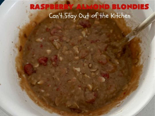 Raspberry Almond Blondies | Can't Stay Out of the Kitchen | indulge yourself with these festive, beautiful & elegant #cookies for the #holidays this year. They're incredibly rich, decadent & swoon-worthy! They're chocked full of #raspberries, #almonds & #VanillaChips. Every bite will rock your world! #brownies #dessert #RaspberryDessert #HolidayDessert #Christmas #Thanksgiving #ChristmasCookieExchange