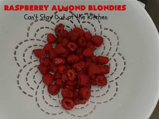 Raspberry Almond Blondies | Can't Stay Out of the Kitchen | indulge yourself with these festive, beautiful & elegant #cookies for the #holidays this year. They're incredibly rich, decadent & swoon-worthy! They're chocked full of #raspberries, #almonds & #VanillaChips. Every bite will rock your world! #brownies #dessert #RaspberryDessert #HolidayDessert #Christmas #Thanksgiving #ChristmasCookieExchange