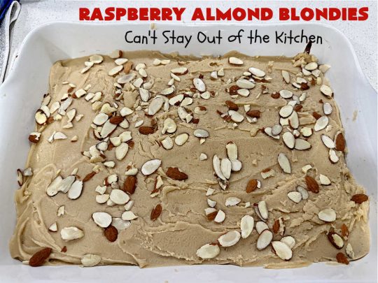 Raspberry Almond Blondies | Can't Stay Out of the Kitchen | indulge yourself with these festive, beautiful & elegant #cookies for the #holidays this year. They're incredibly rich, decadent & swoon-worthy! They're chocked full of #raspberries, #almonds & #VanillaChips. Every bite will rock your world! #brownies #dessert #RaspberryDessert #HolidayDessert #Christmas #Thanksgiving #ChristmasCookieExchange