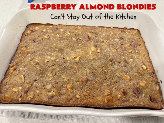 Raspberry Almond Blondies | Can't Stay Out of the Kitchen | indulge yourself with these festive, beautiful & elegant #cookies for the #holidays this year. They're incredibly rich, decadent & swoon-worthy! They're chocked full of #raspberries, #almonds & #VanillaChips. Every bite will rock your world! #brownies #dessert #RaspberryDessert #HolidayDessert #Christmas #Thanksgiving #ChristmasCookieExchange