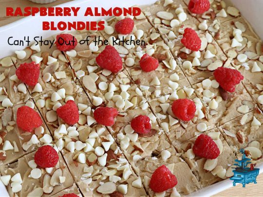 Raspberry Almond Blondies | Can't Stay Out of the Kitchen | indulge yourself with these festive, beautiful & elegant #cookies for the #holidays this year. They're incredibly rich, decadent & swoon-worthy! They're chocked full of #raspberries, #almonds & #VanillaChips. Every bite will rock your world! #brownies #dessert #RaspberryDessert #HolidayDessert #Christmas #Thanksgiving #ChristmasCookieExchange