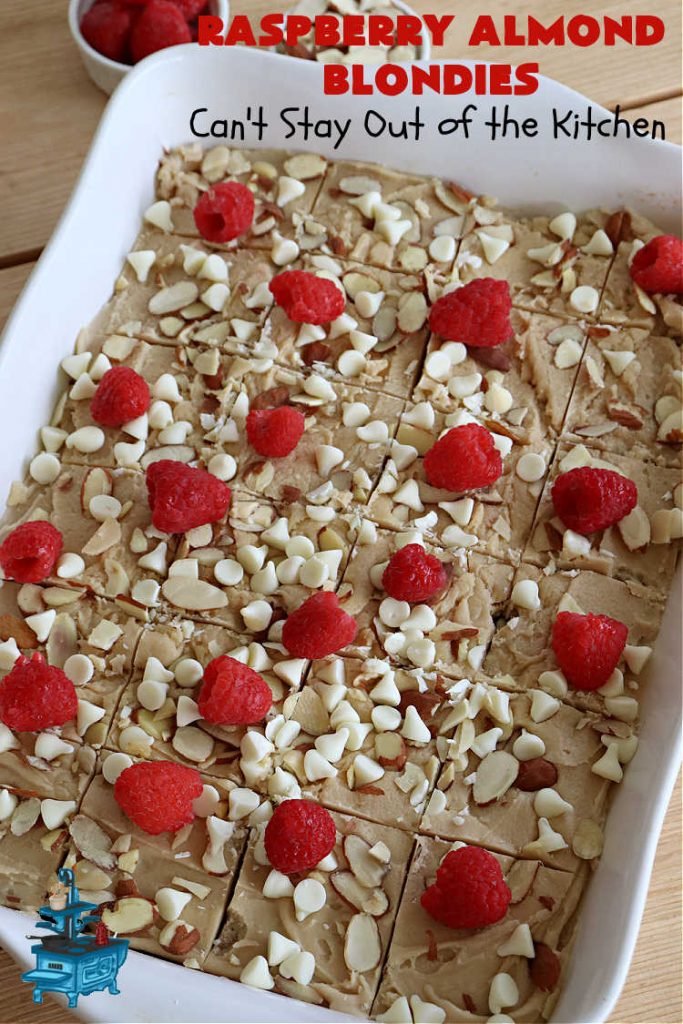 Raspberry Almond Blondies | Can't Stay Out of the Kitchen | indulge yourself with these festive, beautiful & elegant #cookies for the #holidays this year. They're incredibly rich, decadent & swoon-worthy! They're chocked full of #raspberries, #almonds & #VanillaChips. Every bite will rock your world! #brownies #dessert #RaspberryDessert #HolidayDessert #Christmas #Thanksgiving #ChristmasCookieExchange