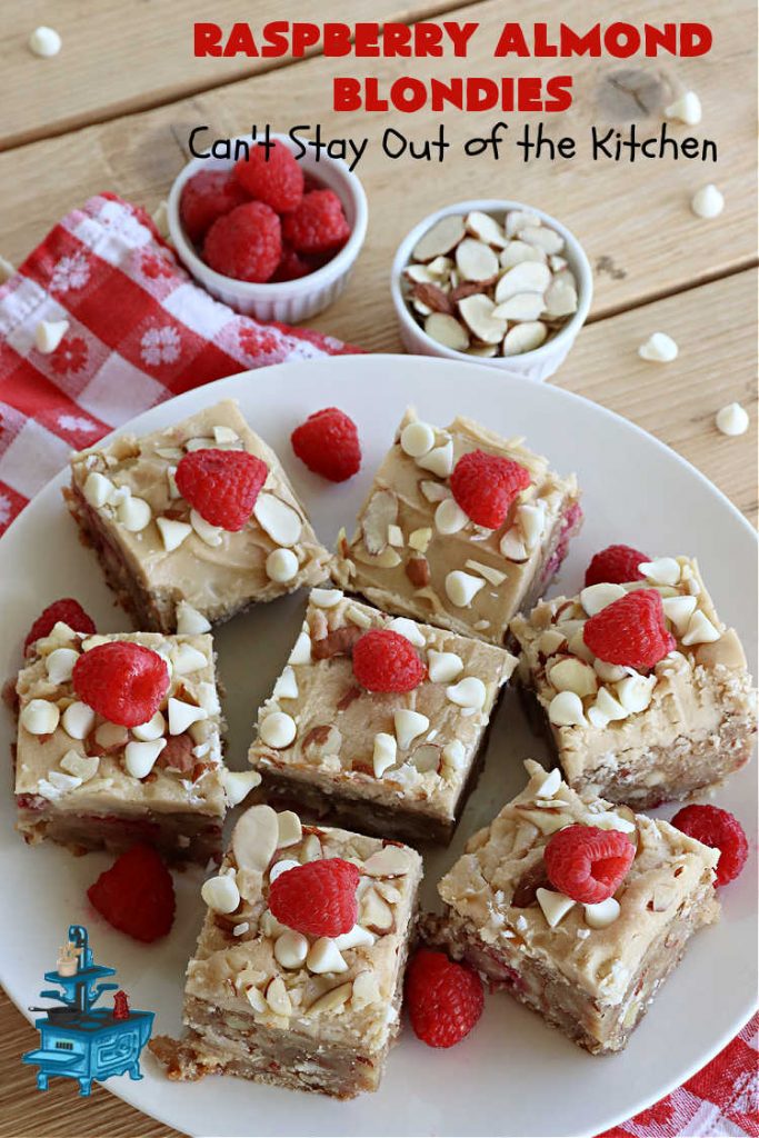 Raspberry Almond Blondies | Can't Stay Out of the Kitchen | indulge yourself with these festive, beautiful & elegant #cookies for the #holidays this year. They're incredibly rich, decadent & swoon-worthy! They're chocked full of #raspberries, #almonds & #VanillaChips. Every bite will rock your world! #brownies #dessert #RaspberryDessert #HolidayDessert #Christmas #Thanksgiving #ChristmasCookieExchange