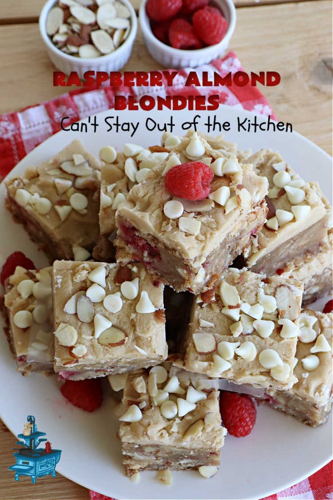 Raspberry Almond Blondies | Can't Stay Out of the Kitchen | indulge yourself with these festive, beautiful & elegant #cookies for the #holidays this year. They're incredibly rich, decadent & swoon-worthy! They're chocked full of #raspberries, #almonds & #VanillaChips. Every bite will rock your world! #brownies #dessert #RaspberryDessert #HolidayDessert #Christmas #Thanksgiving #ChristmasCookieExchange