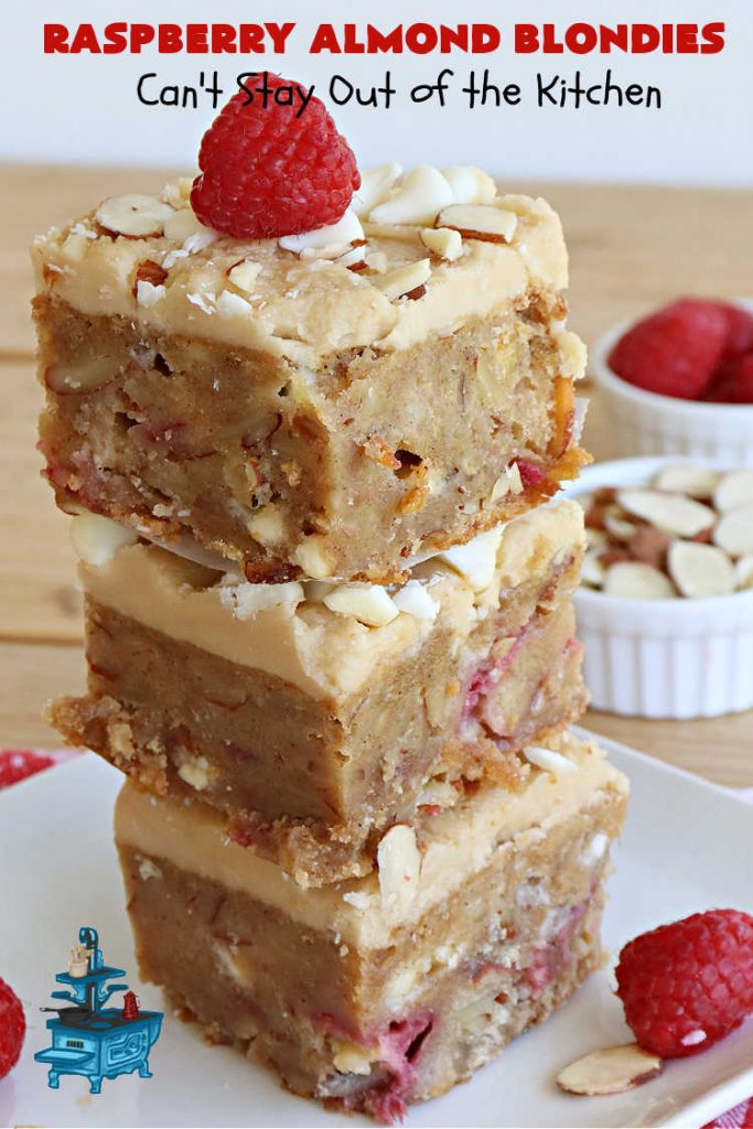 Raspberry Almond Blondies | Can't Stay Out of the Kitchen | indulge yourself with these festive, beautiful & elegant #cookies for the #holidays this year. They're incredibly rich, decadent & swoon-worthy! They're chocked full of #raspberries, #almonds & #VanillaChips. Every bite will rock your world! #brownies #dessert #RaspberryDessert #HolidayDessert #Christmas #Thanksgiving #ChristmasCookieExchange