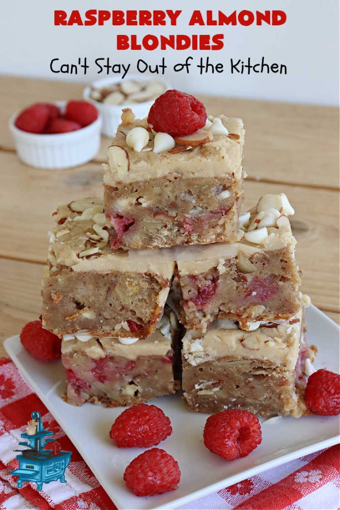 Raspberry Almond Blondies | Can't Stay Out of the Kitchen | indulge yourself with these festive, beautiful & elegant #cookies for the #holidays this year. They're incredibly rich, decadent & swoon-worthy! They're chocked full of #raspberries, #almonds & #VanillaChips. Every bite will rock your world! #brownies #dessert #RaspberryDessert #HolidayDessert #Christmas #Thanksgiving #ChristmasCookieExchange