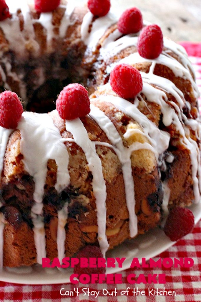 Raspberry Almond Coffee Cake | Can't Stay Out of the Kitchen | this fabulous #coffeecake is made with fresh #raspberries & has an #almond streusel filling. Terrific for a #holiday #breakfast like #MothersDay or #FathersDay. Also great served as a #dessert! #cake