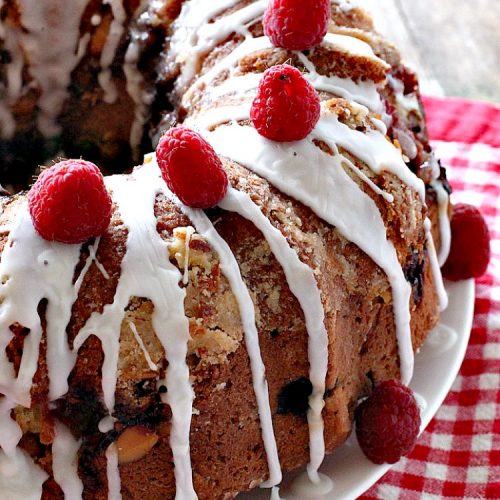 Raspberry Almond Coffee Cake | Can't Stay Out of the Kitchen | this fabulous #coffeecake is made with fresh #raspberries & has an #almond streusel filling. Terrific for a #holiday #breakfast like #MothersDay or #FathersDay. Also great served as a #dessert! #cake