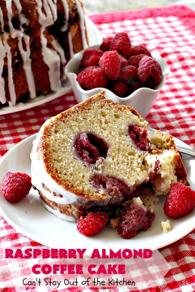 Raspberry Almond Coffee Cake | Can't Stay Out of the Kitchen | this fabulous #coffeecake is made with fresh #raspberries & has an #almond streusel filling. Terrific for a #holiday #breakfast like #MothersDay or #FathersDay. Also great served as a #dessert! #cake