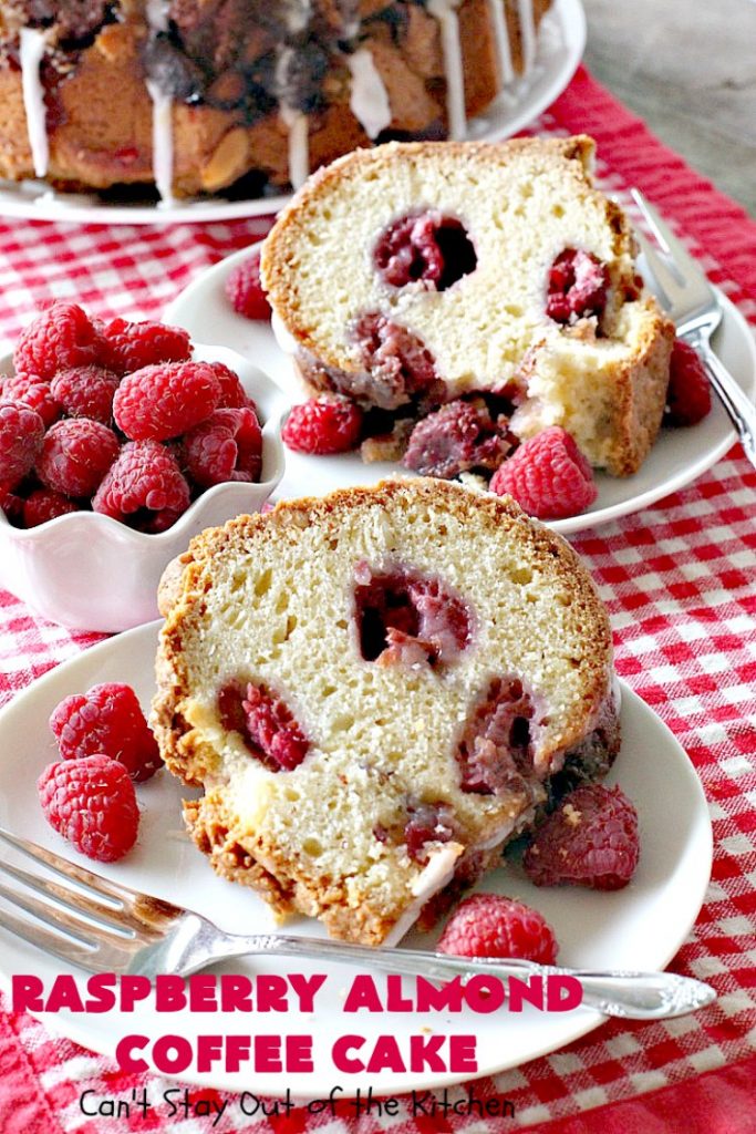Raspberry Almond Coffee Cake | Can't Stay Out of the Kitchen | this fabulous #coffeecake is made with fresh #raspberries & has an #almond streusel filling. Terrific for a #holiday #breakfast like #MothersDay or #FathersDay. Also great served as a #dessert! #cake