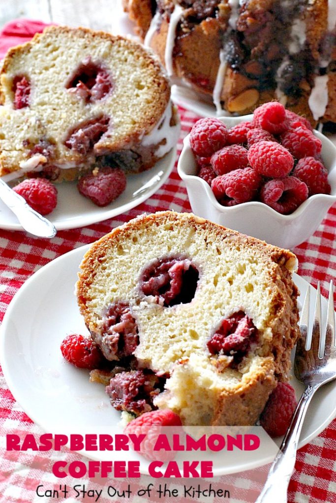 Raspberry Almond Coffee Cake | Can't Stay Out of the Kitchen | this fabulous #coffeecake is made with fresh #raspberries & has an #almond streusel filling. Terrific for a #holiday #breakfast like #MothersDay or #FathersDay. Also great served as a #dessert! #cake