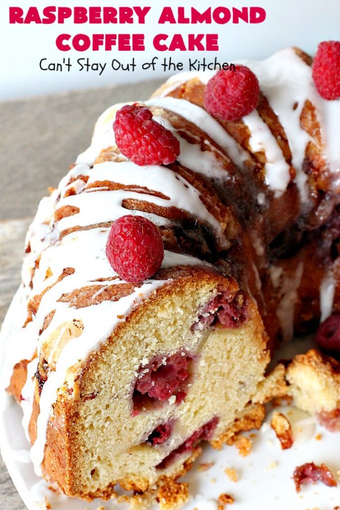 Raspberry Almond Coffee Cake | Can't Stay Out of the Kitchen | this fabulous #coffeecake is made with fresh #raspberries & has an #almond streusel filling. Terrific for a #holiday #breakfast like #MothersDay or #FathersDay. Also great served as a #dessert! #cake