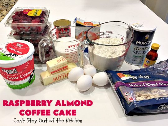 Raspberry Almond Coffee Cake | Can't Stay Out of the Kitchen | this fabulous #coffeecake is made with fresh #raspberries & has an #almond streusel filling. Terrific for a #holiday #breakfast like #MothersDay or #FathersDay. Also great served as a #dessert! #cake