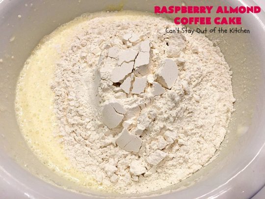 Raspberry Almond Coffee Cake | Can't Stay Out of the Kitchen | this fabulous #coffeecake is made with fresh #raspberries & has an #almond streusel filling. Terrific for a #holiday #breakfast like #MothersDay or #FathersDay. Also great served as a #dessert! #cake