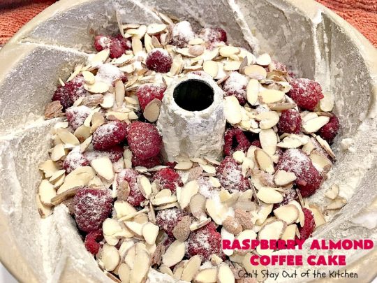 Raspberry Almond Coffee Cake | Can't Stay Out of the Kitchen | this fabulous #coffeecake is made with fresh #raspberries & has an #almond streusel filling. Terrific for a #holiday #breakfast like #MothersDay or #FathersDay. Also great served as a #dessert! #cake