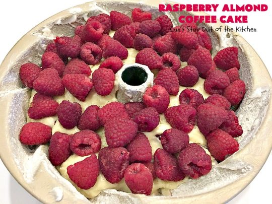Raspberry Almond Coffee Cake | Can't Stay Out of the Kitchen | this fabulous #coffeecake is made with fresh #raspberries & has an #almond streusel filling. Terrific for a #holiday #breakfast like #MothersDay or #FathersDay. Also great served as a #dessert! #cake