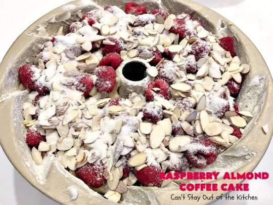 Raspberry Almond Coffee Cake | Can't Stay Out of the Kitchen | this fabulous #coffeecake is made with fresh #raspberries & has an #almond streusel filling. Terrific for a #holiday #breakfast like #MothersDay or #FathersDay. Also great served as a #dessert! #cake