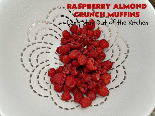 Raspberry Almond Crunch Muffins | Can't Stay Out of the Kitchen | These #SugarFree, #GlutenFree #muffins are filled with #raspberries, #almonds & include a delightful #streusel topping with #oatmeal. Marvelous for a weekend or #holiday #breakfast or #brunch & wonderful for your #Celiac or #Diabetic friends or family. Can also make with regular flour & sugar. #RaspberryAlmondCrunchMuffins #RaspberryMuffins #BreakfastMuffins #SugarFreeMuffins #GlutenFreeMuffins