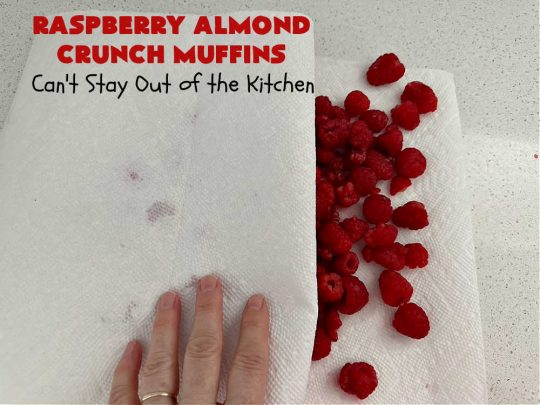 Raspberry Almond Crunch Muffins | Can't Stay Out of the Kitchen | These #SugarFree, #GlutenFree #muffins are filled with #raspberries, #almonds & include a delightful #streusel topping with #oatmeal. Marvelous for a weekend or #holiday #breakfast or #brunch & wonderful for your #Celiac or #Diabetic friends or family. Can also make with regular flour & sugar. #RaspberryAlmondCrunchMuffins #RaspberryMuffins #BreakfastMuffins #SugarFreeMuffins #GlutenFreeMuffins