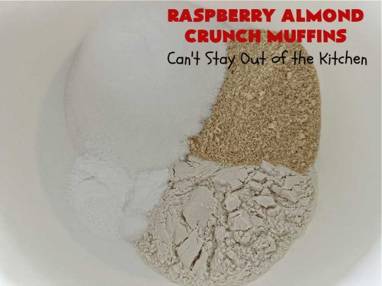 Raspberry Almond Crunch Muffins | Can't Stay Out of the Kitchen | These #SugarFree, #GlutenFree #muffins are filled with #raspberries, #almonds & include a delightful #streusel topping with #oatmeal. Marvelous for a weekend or #holiday #breakfast or #brunch & wonderful for your #Celiac or #Diabetic friends or family. Can also make with regular flour & sugar. #RaspberryAlmondCrunchMuffins #RaspberryMuffins #BreakfastMuffins #SugarFreeMuffins #GlutenFreeMuffins