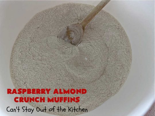 Raspberry Almond Crunch Muffins | Can't Stay Out of the Kitchen | These #SugarFree, #GlutenFree #muffins are filled with #raspberries, #almonds & include a delightful #streusel topping with #oatmeal. Marvelous for a weekend or #holiday #breakfast or #brunch & wonderful for your #Celiac or #Diabetic friends or family. Can also make with regular flour & sugar. #RaspberryAlmondCrunchMuffins #RaspberryMuffins #BreakfastMuffins #SugarFreeMuffins #GlutenFreeMuffins