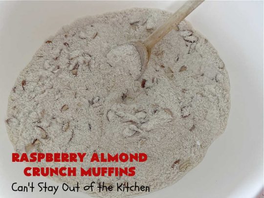 Raspberry Almond Crunch Muffins | Can't Stay Out of the Kitchen | These #SugarFree, #GlutenFree #muffins are filled with #raspberries, #almonds & include a delightful #streusel topping with #oatmeal. Marvelous for a weekend or #holiday #breakfast or #brunch & wonderful for your #Celiac or #Diabetic friends or family. Can also make with regular flour & sugar. #RaspberryAlmondCrunchMuffins #RaspberryMuffins #BreakfastMuffins #SugarFreeMuffins #GlutenFreeMuffins
