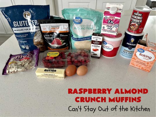 Raspberry Almond Crunch Muffins | Can't Stay Out of the Kitchen | These #SugarFree, #GlutenFree #muffins are filled with #raspberries, #almonds & include a delightful #streusel topping with #oatmeal. Marvelous for a weekend or #holiday #breakfast or #brunch & wonderful for your #Celiac or #Diabetic friends or family. Can also make with regular flour & sugar. #RaspberryAlmondCrunchMuffins #RaspberryMuffins #BreakfastMuffins #SugarFreeMuffins #GlutenFreeMuffins