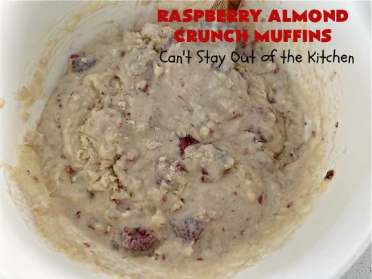 Raspberry Almond Crunch Muffins | Can't Stay Out of the Kitchen | These #SugarFree, #GlutenFree #muffins are filled with #raspberries, #almonds & include a delightful #streusel topping with #oatmeal. Marvelous for a weekend or #holiday #breakfast or #brunch & wonderful for your #Celiac or #Diabetic friends or family. Can also make with regular flour & sugar. #RaspberryAlmondCrunchMuffins #RaspberryMuffins #BreakfastMuffins #SugarFreeMuffins #GlutenFreeMuffins