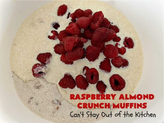 Raspberry Almond Crunch Muffins | Can't Stay Out of the Kitchen | These #SugarFree, #GlutenFree #muffins are filled with #raspberries, #almonds & include a delightful #streusel topping with #oatmeal. Marvelous for a weekend or #holiday #breakfast or #brunch & wonderful for your #Celiac or #Diabetic friends or family. Can also make with regular flour & sugar. #RaspberryAlmondCrunchMuffins #RaspberryMuffins #BreakfastMuffins #SugarFreeMuffins #GlutenFreeMuffins