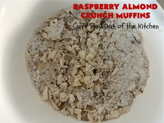 Raspberry Almond Crunch Muffins | Can't Stay Out of the Kitchen | These #SugarFree, #GlutenFree #muffins are filled with #raspberries, #almonds & include a delightful #streusel topping with #oatmeal. Marvelous for a weekend or #holiday #breakfast or #brunch & wonderful for your #Celiac or #Diabetic friends or family. Can also make with regular flour & sugar. #RaspberryAlmondCrunchMuffins #RaspberryMuffins #BreakfastMuffins #SugarFreeMuffins #GlutenFreeMuffins